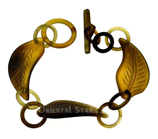 Carved Horn Chain Bangle Bracelet Leave Shaped HD00041, handmade buffalo horn jewelry