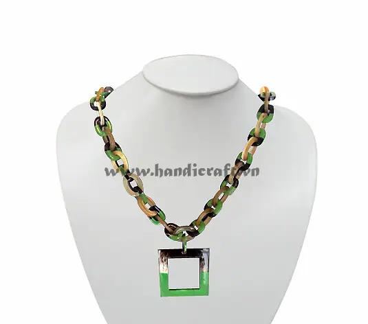 Oval Horn Link with Large Square Lacquer Pendant Necklace HD10372, handmade buffalo horn jewelry